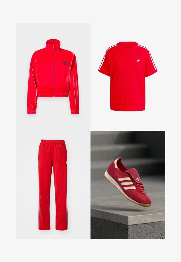 Crvena, sjajna jakna na patentni zatvarač s visokim ovratnikom. Ima elastične manžete i rub, ukrašene malim crnim logotipom na prsima.; Crvena pamučna majica s okruglim izrezom, kratkim rukavima, bijelim trakama s tri pruge na ramenima i malim bijelim logotipom na prsima.; Crvene trenirke s elastičnim pojasom, bočnim džepovima i bijelim bočnim trakama. Izrađene su od lagane, glatke tkanine. Sadrže detalje s logotipom.; Crvena sportska cipela s gornjim dijelom od brušene kože i tkanine, bijelim uzorkom od tri pruge, podstavljenim jezičkom i potplatom od gumenog materijala boje gume. Pluta na betonskoj površini.