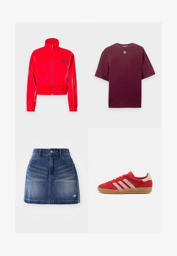 Piros, fényes, cipzáras kabát magas gallérral. Rugalmas mandzsettákkal és szegéllyel rendelkezik, a mellrészen kis fekete logóval díszítve.; Bordó pamut póló kerek nyakkivágással és rövid ujjakkal, középen fehér Adidas logóval a mellkason. Simább textúra.; Középkék farmer szoknya enyhén elhalványult elülső résszel. Öt zsebbel, gombos záródással és egy kis fehér logóval rendelkezik az alján.; Piros velúr sportcipő fehér csíkokkal és textúrált díszítésekkel, gumitalp, fűzős záródás és hímzett részletek az oldalon.