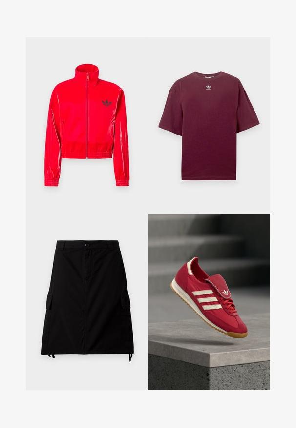 Červená, lesklá bunda so zipsom a vysokým golierom. Má elastické manžety a lem, doplnené malým čiernym logom na hrudi.; Bordové bavlnené tričko s okrúhlym výstrihom a krátkymi rukávmi, s bielym logom Adidas umiestneným v strede hrude. Hladká textúra.; Čierna cargo sukňa vyrobená z bavlneného zmesi s rovným strihom, obsahujúca bočné vrecká, predné zapínanie na gombík a nastaviteľný lem so šnúrkou.; Červená športová obuv s hornou časťou z brúseného semišu a textilu, bielym dizajnom so znakmi na troch prúžkoch, polstrovaným jazykom a podrážkou z prírodnej gumy. Plávajúca na betónovom povrchu.