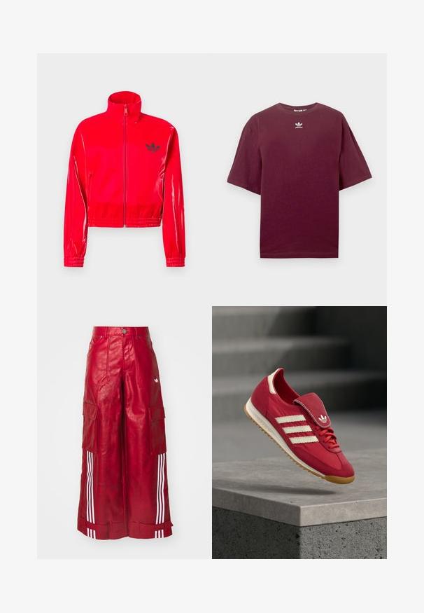 Červená, lesklá bunda so zipsom a vysokým golierom. Má elastické manžety a lem, doplnené malým čiernym logom na hrudi.; Bordové bavlnené tričko s okrúhlym výstrihom a krátkymi rukávmi, s bielym logom Adidas umiestneným v strede hrude. Hladká textúra.; Červené kožené široké nohavice s cargo strihom majú vysoký pás, zapínanie na gombík, bočné vrecká a tri biele pruhy pozdĺž nohavíc.; Červená športová obuv s hornou časťou z brúseného semišu a textilu, bielym dizajnom so znakmi na troch prúžkoch, polstrovaným jazykom a podrážkou z prírodnej gumy. Plávajúca na betónovom povrchu.