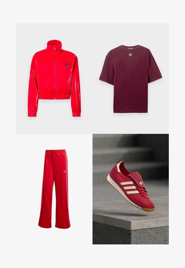 Chaqueta roja brillante con cremallera y cuello alto. Cuenta con puños y dobladillo elásticos, acentuados por un pequeño logo negro en el pecho.; Camiseta de algodón color burdeos con cuello redondo y mangas cortas, con un logo blanco de Adidas centrado en el pecho. Textura suave.; Pantalones deportivos rojos con piernas anchas, cinturilla elástica y bolsillo con cremallera lateral. Presenta un pequeño logo blanco en el lado izquierdo. Textura suave.; Zapatilla deportiva roja con parte superior de ante y tela, diseño de tres franjas blancas, lengüeta acolchada y suela de goma color goma. Flotando sobre una superficie de hormigón.