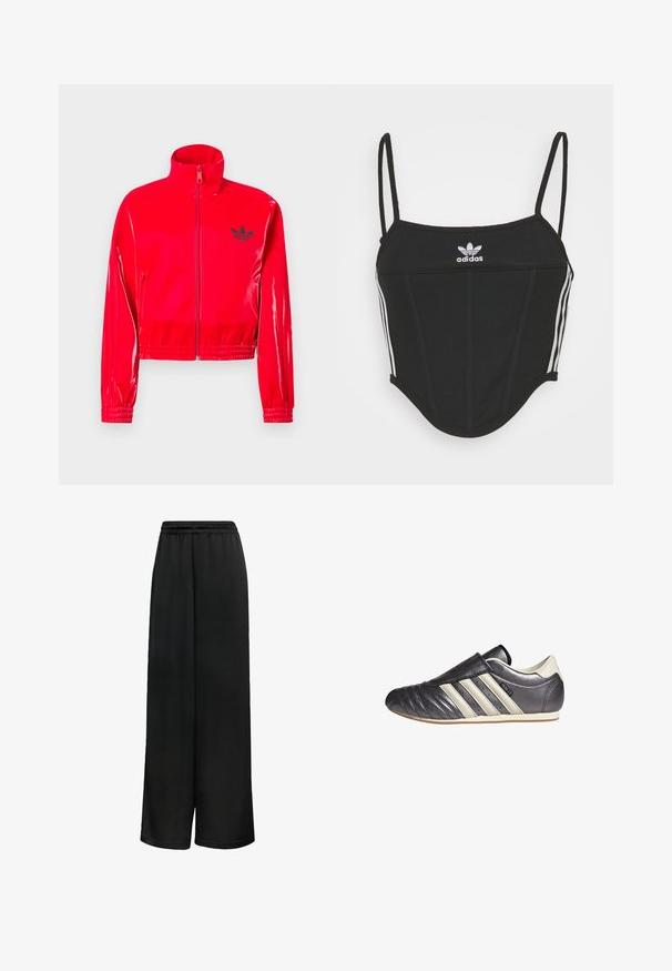 Casaco vermelho brilhante com fecho de correr e gola alta. Apresenta punhos e bainha elásticos, acentuados por um pequeno logótipo preto no peito.; Top crop preto canelado com alças finas ajustáveis, apresentando três riscas brancas nas laterais e um pequeno logótipo branco da Adidas ao centro.; Calças largas pretas feitas de tecido suave, com uma cintura elástica e um corte solto para conforto. Sem padrões ou detalhes distintos.; Sapatilha atlética em couro preto e cinza, com biqueira arredondada, design tipo slip-on e três riscas brancas de destaque na lateral. Sola de borracha plana.