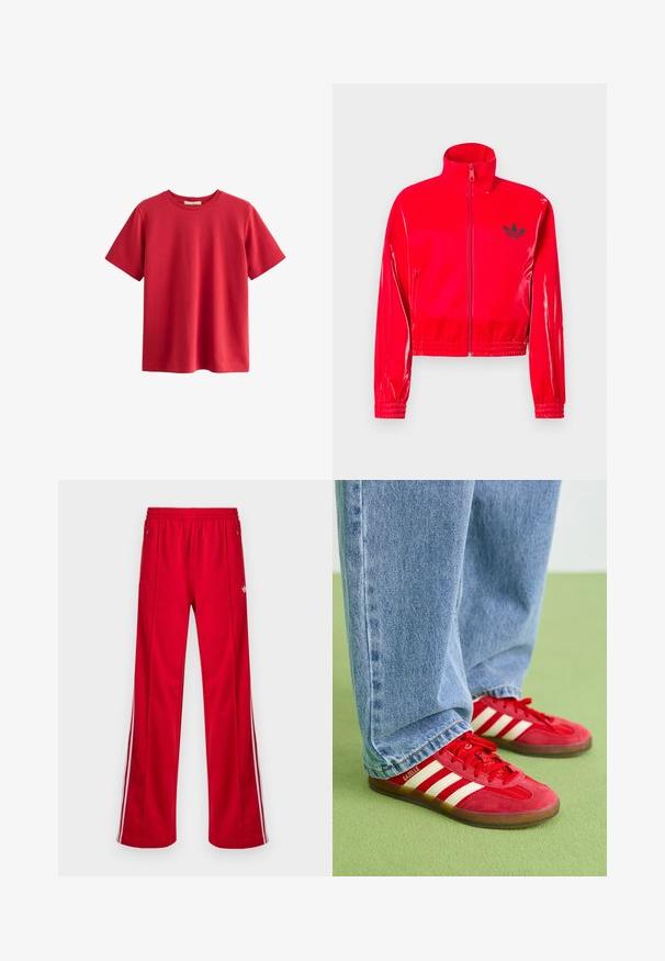 Rød, blank lynlåstrøje med høj krave. Har elastiske manchetter og kant, fremhævet af en lille sort logo på brystet.; Rød kortærmet T-shirt lavet af bomuld, med rund hals, afslappet pasform og glat tekstur, uden synlige mønstre eller detaljer.; Røde athletic bukser med løs pasform, elastisk talje, to sidelommer og hvide sidestriber. Fremstillet af glat, syntetisk materiale.; Røde ruskinds sneakers med tre hvide striber, rund tå og tekstureret sål, parret med lyseblå denim jeans på en grøn baggrund.