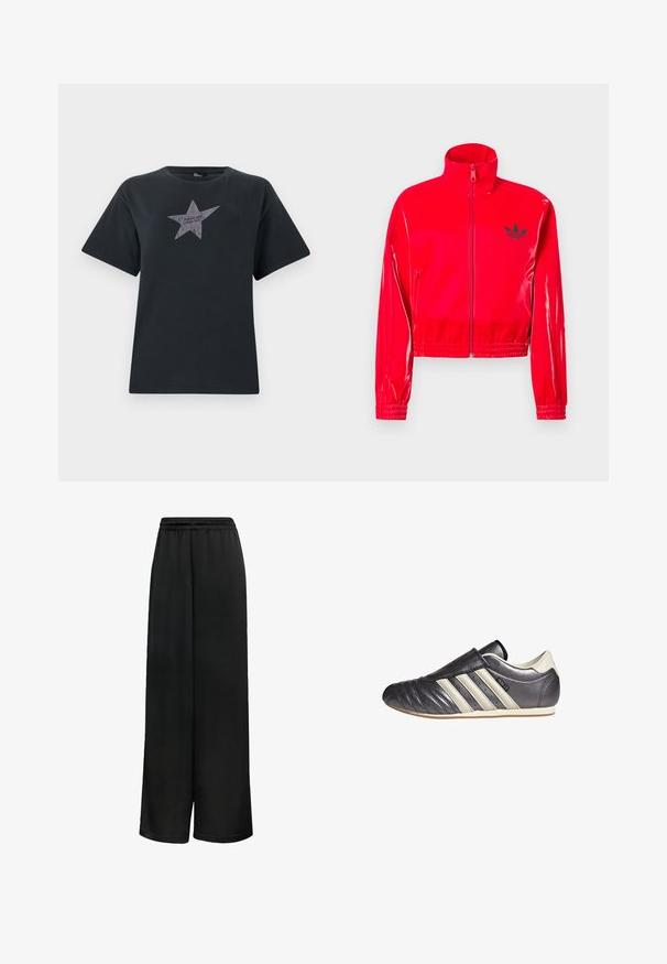Rød, blank lynlåstrøje med høj krave. Har elastiske manchetter og kant, fremhævet af en lille sort logo på brystet.; Sort kortærmet t-shirt lavet af bomuld, med et sølvstjerne grafisk motiv og teksten "I DARE YOU" tværs over midten.; Sorte viddebukser lavet af glat stof, med en elastisk talje og en løs pasform for komfort. Uden distinkte mønstre eller accenter.; Sort og grå læder sportsko med rund tå, slip-on design og tre hvide accentstriber på siden. Flad gummisål.