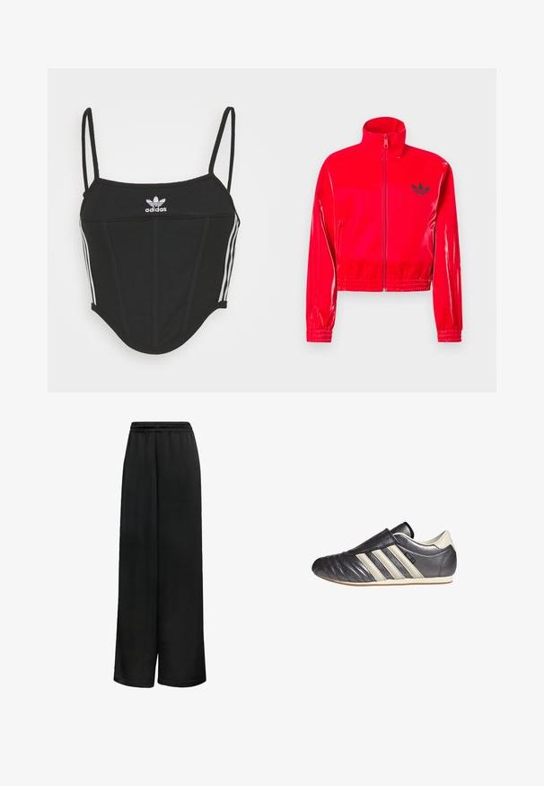 Casaco vermelho brilhante com fecho de correr e gola alta. Apresenta punhos e bainha elásticos, acentuados por um pequeno logótipo preto no peito.; Top crop preto canelado com alças finas ajustáveis, apresentando três riscas brancas nas laterais e um pequeno logótipo branco da Adidas ao centro.; Calças largas pretas feitas de tecido suave, com uma cintura elástica e um corte solto para conforto. Sem padrões ou detalhes distintos.; Sapatilha atlética em couro preto e cinza, com biqueira arredondada, design tipo slip-on e três riscas brancas de destaque na lateral. Sola de borracha plana.