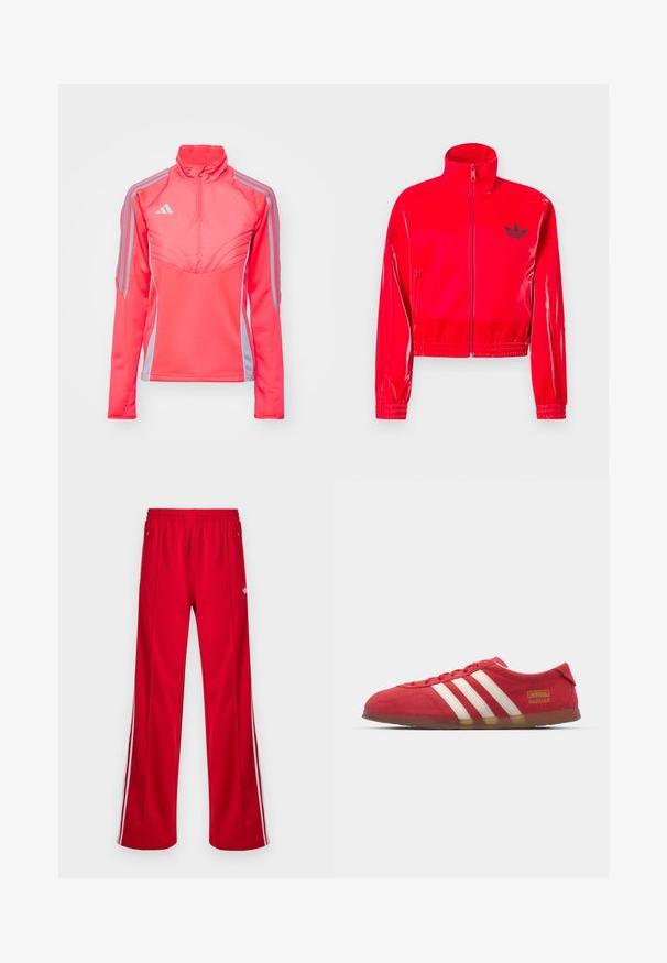 Červená, lesklá bunda so zipsom a vysokým golierom. Má elastické manžety a lem, doplnené malým čiernym logom na hrudi.; Ružový športový pulóver s vysokým golierom, zipsom na krku a sivými bočnými pruhmi. Obsahuje štruktúrované švy a priliehavý strih.; Červené športové nohavice s voľným strihom, elastickým pásom, dvoma bočnými vreckami a bielymi bočnými pruhmi. Vyrobené z hladkého syntetického materiálu.; Červené semišové tenisky s bielym trojpruhovým dizajnom, plochou podrážkou a zlatým logom. Nízky strih s okrúlou špičkou a šnurovaním.