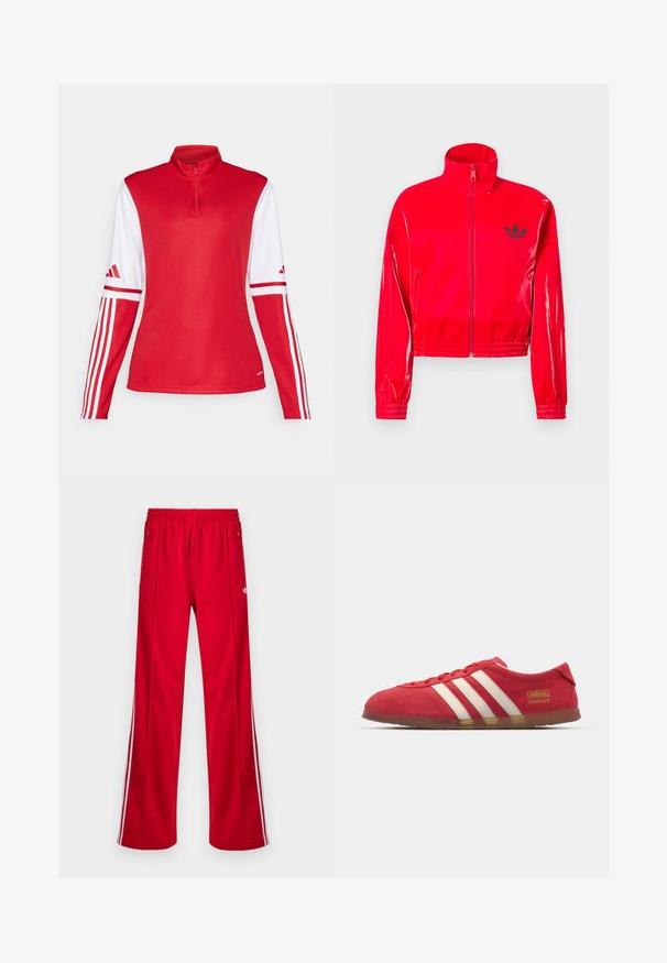 Punane läikiv lukuga jope kõrge kraega. Omaduseks on elastsed varrukaäärised ja alläär, mida rõhutab väike must logo rinnal.; Punane pika varrukaga spordiülikond kõrge kaelusega, valgete kätiste aktsentidega ja kolme valge triibuga varrukatel. Omab pool-zip esiosa.; Punased spordipüksid lahtise lõikega, elastse vöörihma, kahe küljetasku ja valgete küljeribadega. Valmistatud siledast sünteetilisest materjalist.; Punane siidise nahast toss, millel on valge kolme riba disain, lame tall ja kuldne logo detail. Madala lõikega disain, ümar varvas ja paeltega sulgemine.