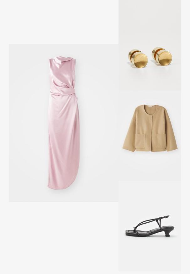 Beige bunda z vlněné směsi s kulatým výstřihem, spadlými rameny a dvěma předními kapsami. Jednoduchý, uvolněný design s hladkou texturou.; Hedvábný růžový šaty s drapováním, s uzlovým detailem v pase a bočním rozparkem pro lepší pohyb. Hladká textura.; Černé kožené sandály s tenkými pásky, nízkým blokovým podpatkem a čtveratou špičkou. Obsahují přezku a mají hladkou texturu.; Zlaté kovové náušnice s jednoduchým kulatým tvarem, mají hladký povrch a centrální leštěný pruh. Průměr je přibližně 1 cm.