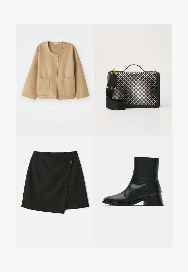 Giacca beige in misto lana con scollo rotondo, spalle scese e due tasche frontali. Design semplice e rilassato con una texture morbida.; Canotta nera a coste con scollo rotondo e logo ricamato bianco. Presenta una silhouette aderente e un orlo pulito e dritto.; Gonna avvolgente nera con una superficie morbida, design asimmetrico e chiusura laterale con bottone per un dettaglio aggiuntivo.; Stivale alla caviglia nero realizzato in pelle lucida, con un design elegante, punta affilata e un tacco a blocco moderato per stabilità.; Borsa nera con un motivo intrecciato in crema. Caratterizzata da una maniglia superiore, tracolla regolabile, dettagli in oro e forma rettangolare strutturata.; Orecchini in metallo dorato con una semplice forma rotonda, caratterizzati da una finitura liscia e una fascia centrale lucida. Misurano circa 1 cm di diametro.