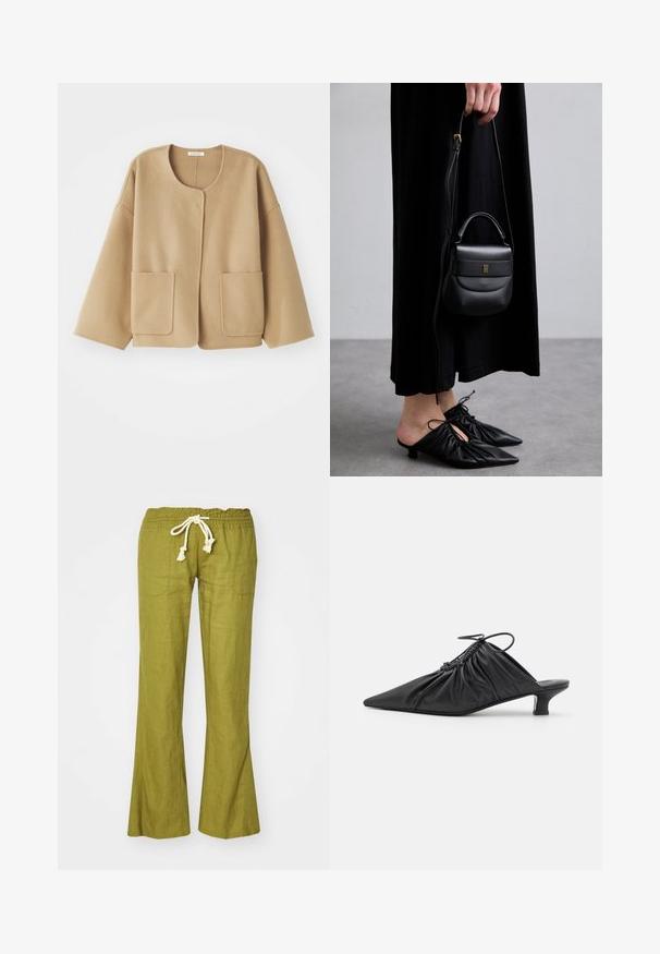 Beige, villa-sekoitekangas takki, jossa on pyöreä kaula-aukko, roikkuvat olkapäät ja kaksi etutaskua. Yksinkertainen, rento muotoilu, jossa on sileä pinta.; Musta ribbineuloksinen hihaton pusero pyöreällä pääntiellä ja valkoisella kirjotulla logolla. Leikkaus on vartalonmyötäinen ja helma suora ja siisti.; Vihreät pellavasta valmistetut leveälahkeiset housut, joissa on joustava vyötärö ja säädettävä naru. Sisältää kaksi sivutaskua ja sileän pinnan.; Mustat nahkaiset liukukengät teräväkärkisillä, kerätyillä yksityiskohdilla ja pienellä kissan korolla. Avauksessa on narukiinnitys.; Pieni musta nahkabag, jonka muoto on pyöreä, yläkahva ja irrotettava olkahihna. Yhdistetty mustan kankaan mekkoon ja mustiin plissee-kenkään.; Kultaiset metallikorvakorut, joissa on yksinkertainen pyöreä muoto, sileä pinta ja keskellä kiillotettu nauha. Halkaisija on noin 1 cm.