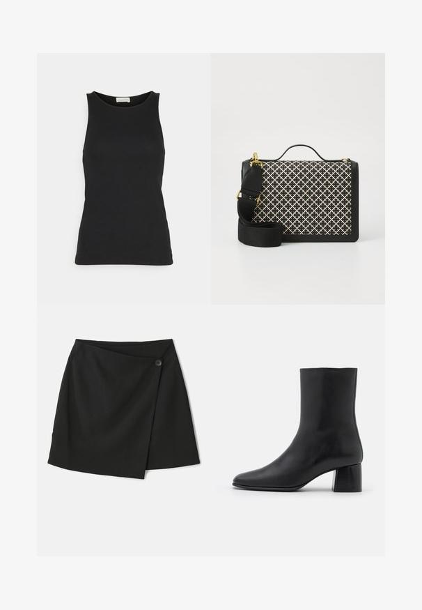 Chaqueta beige de mezcla de lana con cuello redondo, hombros caídos y dos bolsillos delanteros. Diseño simple y relajado con una textura suave.; Top sin mangas negro, fabricado con un material suave y ligero. Presenta un escote redondeado y una silueta ajustada con mínimos detalles de costura.; Falda negra envolvente con una textura de tela suave, diseño asimétrico y cierre de botón lateral para un toque adicional.; Botín negro de cuero hasta el tobillo con punta afilada y un tacón cuadrado y grueso. Textura suave con un diseño sin costuras y un estilo minimalista en las costuras.; Bolso negro con un patrón trenzado en crema. Cuenta con un asa superior, correa ajustable, herrajes dorados y forma rectangular estructurada.; Pendientes de metal dorado con una forma redonda simple, que cuentan con un acabado suave y una banda central pulida. Miden aproximadamente 1 cm de diámetro.