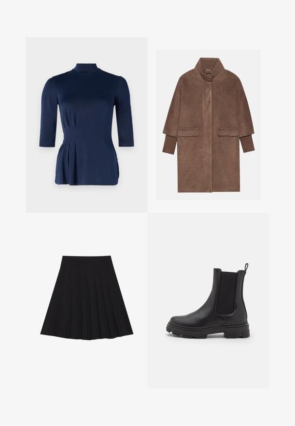 Brun ullkåpe med høy krage, to frontlommer og ribbestrikkede mansjetter. Stoffet har en myk tekstur og en jevn overflate.; Marineblå topp med høy hals og trekvartlange ermer. Har detaljer med sidelommer og en jevn, elastisk stoffkvalitet.; Svart plisserte skjørt laget av teksturert stoff med en tettsittende linning. Går til knelengde, med en glatt, ren silhuett.; Sorte lær ankelstøvler med elastiske sidepaneler, rund tå og teksturert gummisåle. Har en løkke bak for enkel påkledning.