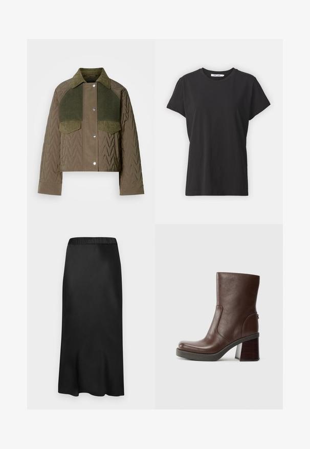 Maslinasto zeleni jakna od kopčanog materijala s kragnom od kordura, ima dva džepa na grudima i mješavinu tekstura tkanina. Srebrni kopče na dugmad.; Crna pamučna majica s klasičnim okruglim izrezom, kratkim rukavima i opuštenim krojem. Glatka tekstura, bez vidljivih uzoraka ili akcenata.; Crna saten midi suknja s elastičnom tačkom. Glatka tekstura i jednostavan dizajn, blago sužava na rubu za fluidnu siluetu.; Smeđa kožna čizme do gležnja s okruglim vrhom, glatkom teksturom i debelim drvenim potplatom. Detalj bočnog šava i suptilan sjaj.