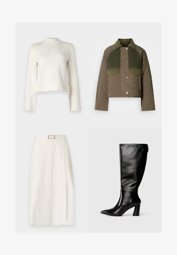 Veste matelassée vert olive avec un col en velours côtelé, dotée de deux poches poitrine et d'un mélange de tissus texturés. Boutons-pression argentés.; Pull en tricot blanc avec des manches longues, un col montant et une bordure en dentelle festonnée au bas. Texture douce avec un design court.; Pantalons larges en tissu coton blanc. Dotés d'une taille haute avec un pli avant et un détail de boucle en métal sur la ceinture. Texture lisse.; Botte en cuir noir à hauteur de genoux avec un bout pointu, une texture lisse et un talon épais. Elle présente un zip à l'arrière.