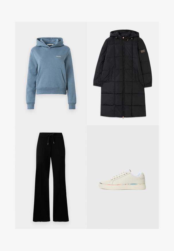 Czarna kurtka puchowa z kapturem, z zapięciem na zamek, pikowanym wzorem, dwoma bocznymi kieszeniami i złotymi akcentami na rękawie.; Niebieska krótka bluza z kapturem z kieszenią kangurką z przodu oraz małym białym logo "Holzweiler" na lewej piersi, z prążkowanymi mankietami i dołem.; Czarne szerokie spodnie dresowe z elastycznym pasem typu drawstring, z bocznymi rozcięciami, wykonane z miękkiego materiału i o eleganckim fasonie.; Niskie sneakersy w kolorze off-white z sznurowaniem, białą podszewką wewnętrzną oraz subtelnym, wielokolorowym wykończeniem wzdłuż krawędzi podeszwy, widok z boku.