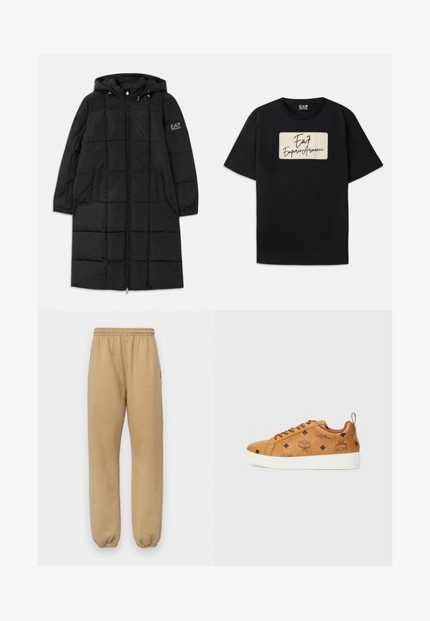 Czarna kurtka puchowa z kapturem, z zapięciem na zamek, pikowanym wzorem, dwoma bocznymi kieszeniami i złotymi akcentami na rękawie.; Czarny bawełniany t-shirt z prostokątnym logo marki w kolorze kremowym z tekstem w stylu odręcznym. Krótkie rękawy i standardowy krój.; Beżowe dresy wykonane z miękkiego materiału, z elastycznym paskiem w talii i mankietami, z bocznymi szwami oraz małym logo na lewej udzie.; Brązowe skórzane trampki z kontrastującymi białymi gumowymi podeszwami, z czarnymi diamentowymi wzorami i logo MCM z boku. Zawierają sznurowadła i tab licową z tyłu.