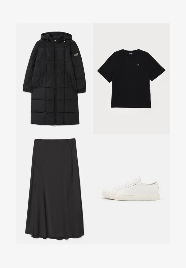 Svart pufferjakke med hette, med glidelås foran, quiltet design, to sidelommer og gulldetaljer på ermet.; Svart bomull T-skjorte med korte ermer, rund hals og en liten gulllogo på venstre bryst. Jevn tekstur og avslappet passform.; Svart, knelengde skjørt laget av glatt stoff; har et flytende design med myke draperinger og ingen synlige lukkinger.; Hvite lær sneakers med glatt tekstur, rund tå, minimale snøringer og flat gummisåle. Enkelt design uten ekstra aksenter.