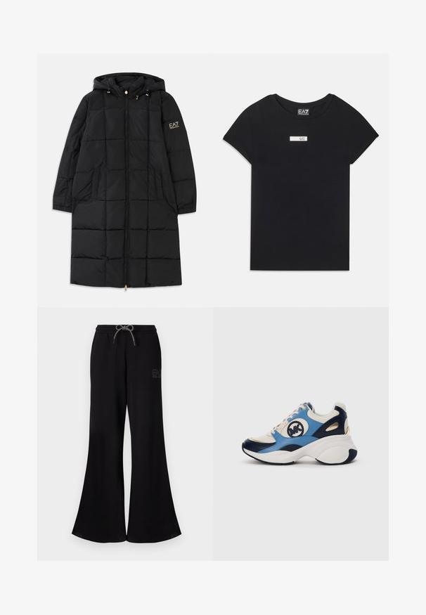 Schwarze Pufferjacke mit Kapuze, Reißverschluss vorne, gesteppter Design, zwei seitlichen Taschen und goldenen Akzenten an den Ärmeln.; Schwarzes T-Shirt mit kurzen Ärmeln aus Baumwolle, ausgestattet mit einem weißen rechteckigen Logo-Patch mit der Aufschrift "EA7" im Bereich der Brust auf der Vorderseite.; Schwarze Schlaghosen aus Sweatmaterial mit einem elastischen Bund und Kordelzug. Mit Logo-Detail an der Seite und glatter Stoffstruktur.; Weiße, marineblaue und hellblaue Wildleder-Sneaker mit dicker Sohle und aufgesticktem rundem Logo an der Seite.