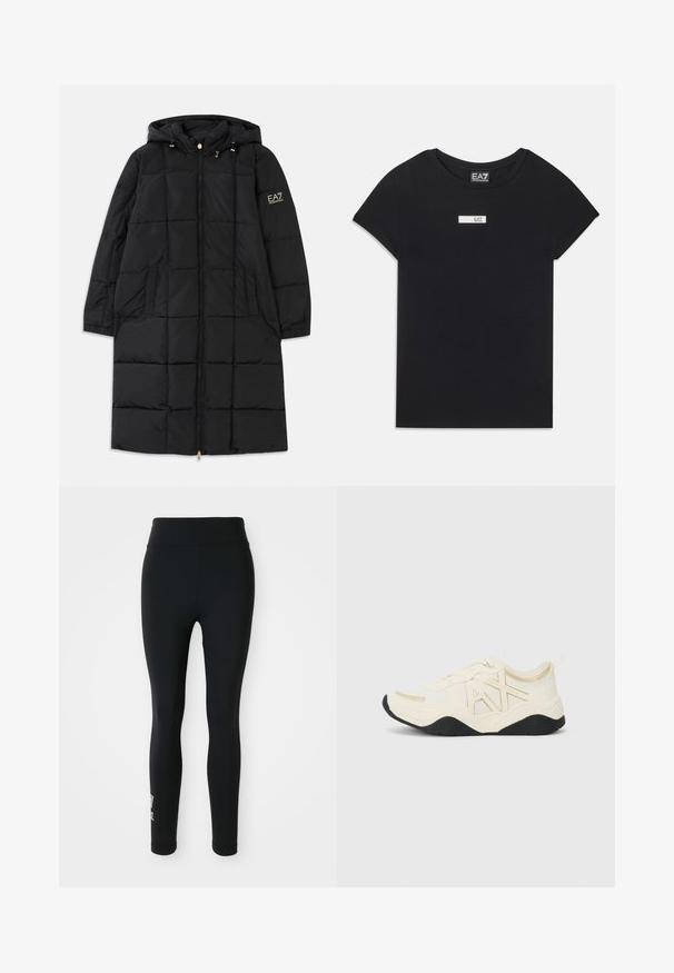Fekete puffKabát kapucnival, elöl cipzárral, steppelt dizájnnal, két oldalsó zsebbel és arany színű kiegészítőkkel az ujjon.; Fekete, rövid ujjú póló, pamutból készült, fehér, téglalap alakú logóval, amelyen az "EA7" felirat található a mellkas területén.; Rugalmas anyagból készült fekete leggings, magas derékkal és egy kis nyomtatott logóval az egyik lábon. Simára simított textúra, testhezálló dizájn.; Fehér sneaker texturált felsőrésszel, arany kiegészítőkkel és logóval. Fekete talppal és fűzős záródással rendelkezik a biztonságos illeszkedés érdekében.