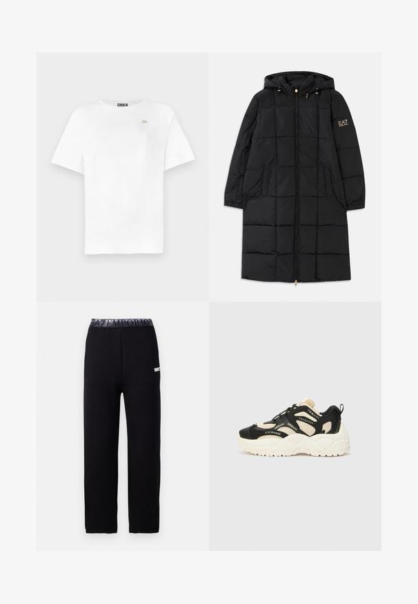 Črna puffer jakna s kapuco, z zadrgo na sprednji strani, kvačkanim dizajnom, dvema stranskima žepe ter zlatimi detajli na rokavu.; Bela bombažna majica s kratkimi rokavi, okrogel izrez in majhen zlat logotip na levi strani prsnega koša. Gladek zaključek, sproščen kroj.; Črne športne hlače z gladko, mehko teksturo, ki imajo elastiko v pasu z logotipom in stranskimi detajli. Ravnina kroj.; Črne in kremne teniske z teksturirano podplatom, mrežastimi paneli in poudarjenim logotipom blagovne znamke. Okrogla konica in vezna zasnova. Prilagodljiv petni del.