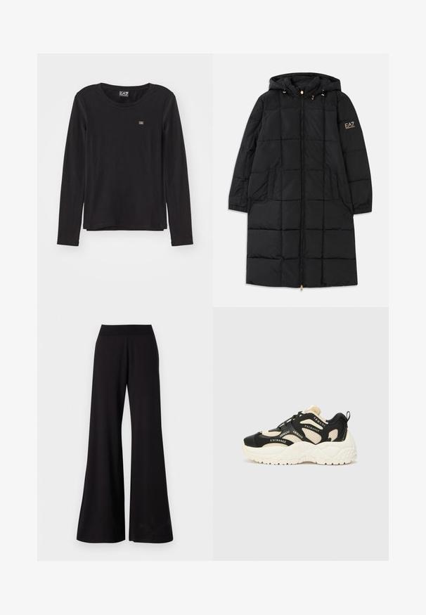 Crna puffer jakna s kapuljačom, sa prednjim zatvaračem, kviltanim dizajnom, dva bočna džepa i zlatnim detaljima na rukavu.; Crni dukserica dugih rukava od mekog materijala. Ima okrugli izrez i mali logotip na lijevoj strani prsnog koša. Glatka tekstura, opušteni kroj.; Crne široke hlače izrađene od glatke tkanine s visokim rastezljivim pojasom. Hlače su pune dužine i imaju jednostavan dizajn bez uzoraka.; Crne i krem tenisice s teksturiranim đonom, mrežastim panelima i naglascima s brend tekstom. Okrugli vrh i dizajn s vezicama. Podesivi čepići na peti.