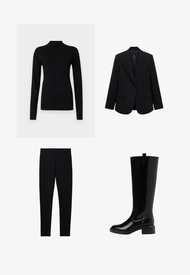Schwarzer Blazer aus glattem Stoff, mit einem geschnittenen Revers, einer einzelnen Knopfschließe und zwei Fronttaschen in strukturierter Passform.; Schwarzer Rollkragenpullover aus glattem, leichtem Stoff. Mit langen Ärmeln und enganliegenden Bündchen, sowie einer Rippstruktur am Saum.; Schwarze dehnbare Leggings mit einem breiten, weichen Taillenbund, die eine glatte Textur und eine figurbetonte Silhouette aufweisen, geeignet für verschiedene Aktivitäten.; Schwarze knielange Stiefel mit glänzender Oberfläche, runder Zehenform, kleinem Blockabsatz und einem Ziehschlaufe auf der Rückseite. Nahtdetails betonen das Design.