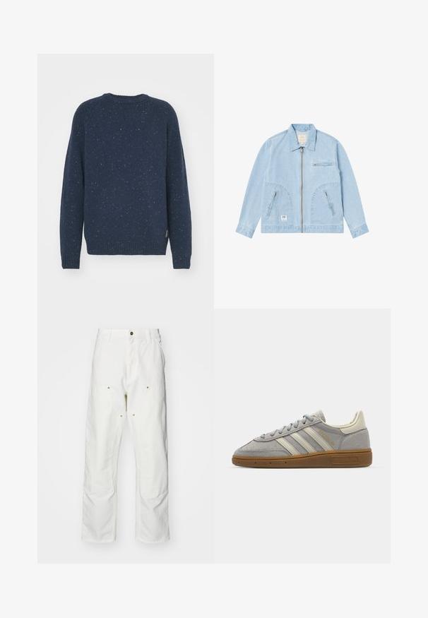 Veste en denim bleu clair avec un devant zippé, deux poches latérales et une poche poitrine. Elle dispose d'un col simple et d'un patch logo sur l'ourlet.; Carhartt WIP ANGLISTIC - Pullover - air force blue; Pantalons cargo en coton blanc avec une coupe décontractée. Les caractéristiques incluent des poches avant, des accents en métal doré et des sections de genoux renforcées.; Baskets en suède gris avec des rayures en cuir gris clair et une semelle en caoutchouc caramel. Les caractéristiques incluent un laçage et un branding discret sur la languette.