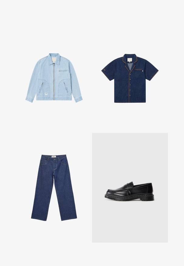 Světle modrá džínová bunda se zipem vpředu, dvěma bočními kapsami a jednou kapsou na hrudi. Má jednoduchý límec a nášivku s logem na lemu.; Džínsová košile s krátkým rukávem v tmavě modré barvě, s náprsní kapsou, kontrastním oranžovým šitím a klasickým límcem. Obsahuje zapínání na knoflíky.; Modré džíny z denimu se rovnými nohavicemi, předním knoflíkem a zipem, dvěma předními kapsami a poutky na pásek.; Pánské černé kožené penny loafery s robustní podrážkou a šitím na špici, zobrazené v profilu na bílém pozadí.