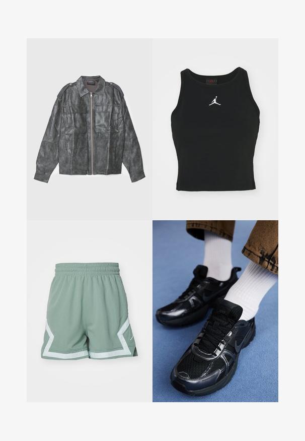 Don't Waste Culture AESON UNISEX - Keinonahkatakki - grey/brown; Mustan muotonsa mukaisesti istuva hihaton paita, joka on valmistettu puuvillasta. Paitassa on pyöreä pääntie ja edessä keskellä valkoinen Jordan-logo brodeerattuna. Sujuva tekstuuri.; Jordan SHORT - Urheilushortsit - jade smoke/barely green; Musta Nike-urheilukengät, joissa on verkkopintaa kiiltävillä yksityiskohdilla, mustat nauhat ja teksturoitu pohja. Yhdistetty valkoisiin ribbipolkimiin.