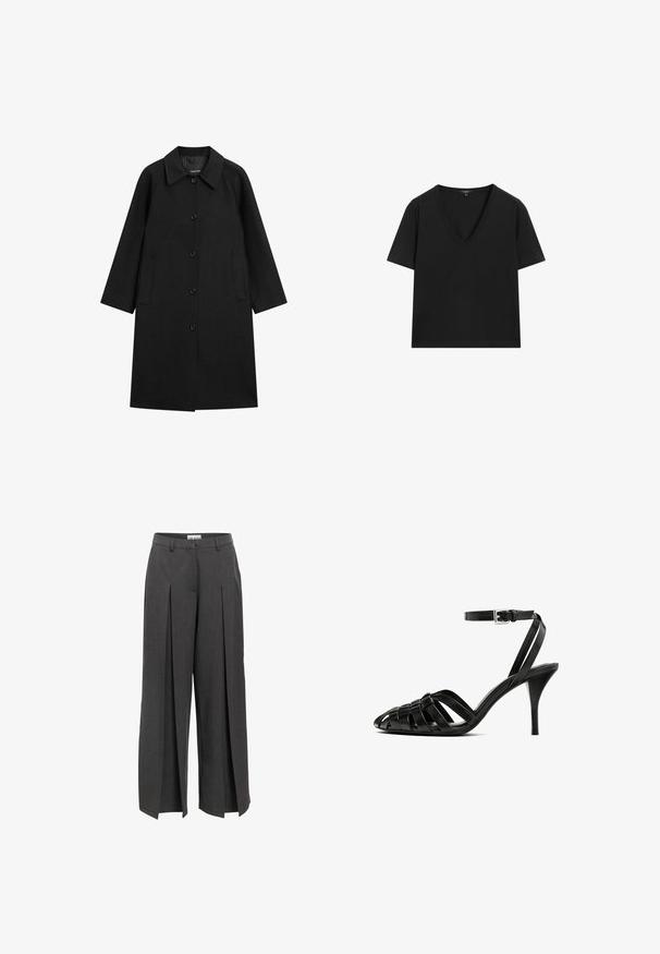 Schwarzfarbener Mantel aus Wollmischung, mit einem Kragen, Knopfverschluss, zwei seitlichen Taschen und gerader Schnitt mit langen Ärmeln.; Schwarzes kurzärmeliges V-Ausschnitt-T-Shirt mit einem schlichten, taillierten Design auf einem weißen Hintergrund.; Weite Bein-Hose aus dunkelgrauem Stoff mit vorderen Falten, hoher Taille und Gürtelschlaufen. Glatte Textur mit maßgeschneidertem Finish.; Schwarze Lederplateau-Sandaletten mit einem Knöchelriemen, die über gewebte Riemen am Zehenbereich verfügt, eine glatte Oberfläche und eine spitze Zehenform aufweist.