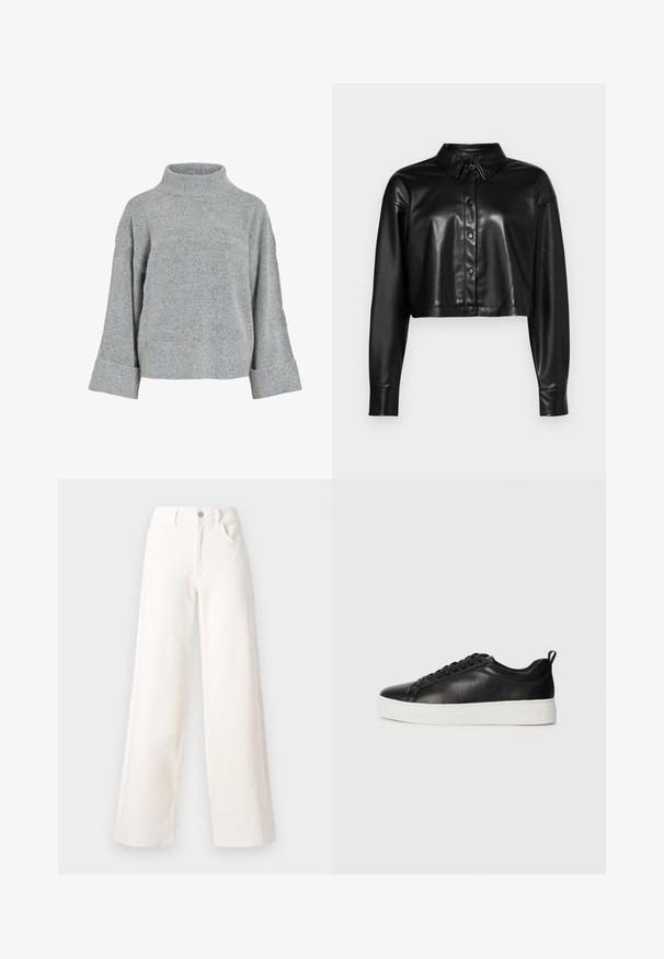 Fekete bőr, cropped fazonú ing, gombos elülső résszel, hegyes gallérral és hosszú ujakkal. Fényes felülettel és normál gombos rögzítéssel rendelkezik.; Szürke kötött pulóver magas gallérral, széles ujjal és texturált anyaggal. Lazán simuló fazon, bordázott részletekkel a mandzsettán és az alján.; Széles szárú farmernadrág, törtfehér denim anyagból, elöl gombos záródással, két oldalsó zsebbel és díszítések nélküli letisztult vonalakkal.; Fekete, alacsony szárú bőrsportcipő fekete fűzőkkel és vastag fehér gumitalppal, a külső oldalról, fehér háttér előtt.