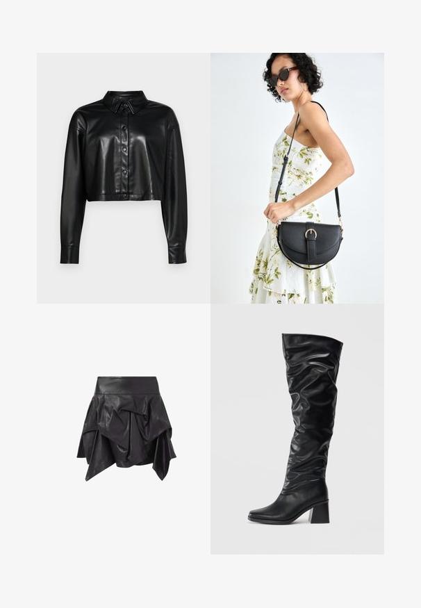 Izgriezta melna ādas krekla ar pogām priekšā, izteiktu apkakli un garām piedurknēm. Iezīmējas ar spīdīgu apdari un standarta pogu aparatūru.; Melna off-shoulder top ar plānām siksnām un caurspīdīgām garām piedurknēm, kas izgatavotas no caurspīdīga sieta auduma.; Melnas ādas svārki ar izteiktu, asimetrisku dizainu, kas papildināts ar ievilktiem elementiem un pieguļošu jostasvietu. Gluda tekstūra ar spīdīgu apdari.; Melnās ceļgala augstas zābaki, izgatavoti no spīdīgas ādas, ar brīvu dizainu, smailu purngalu un masīlu blokveida papēdi. Gluda tekstūra ar smalku spīdumu.; Melnas ādas rokassoma ar izliekta formu, noņemamu siksnu un zelta aksesuāriem. Somai ir vāciņš ar sprādzes detaļu.