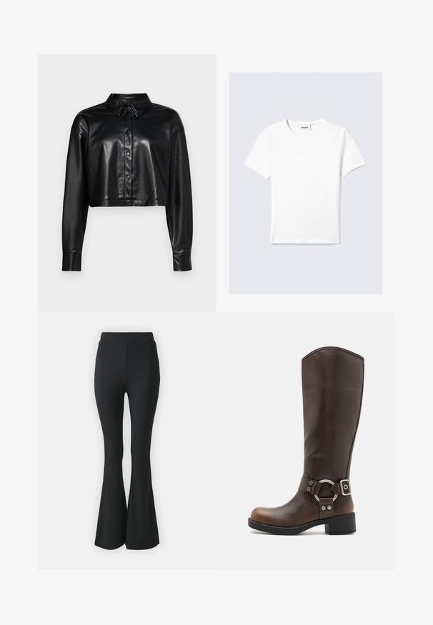 Cropped black leather shirt with a button-up front, pointed collar, and long sleeves. Features a glossy finish and standard button hardware.; White short-sleeve t-shirt made of cotton, featuring a round neck and a straight hem. Minimalist design with no visible patterns or accents.; Black flared trousers made from stretchy fabric. Features a high waistband and a smooth, fitted design that flares from the knee downward.; Brown leather knee-high boot with a round metal hardware accent and buckle. Slightly textured upper, stacked heel, and rounded toe design.