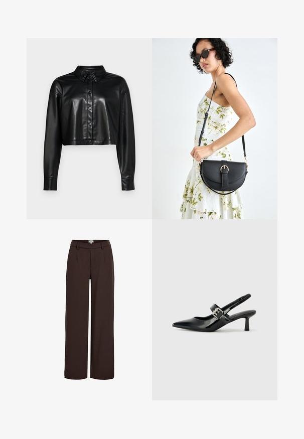 Cropped black leather shirt with a button-up front, pointed collar, and long sleeves. Features a glossy finish and standard button hardware.; Two camisole tops are shown: one black and one white. Both have thin straps and a fitted design made from a smooth, stretchy fabric.; Object OBJLISA WIDE NOOS - Trousers - java; Black patent leather slingback heels with a pointed toe and a small block heel, featuring a silver buckle accent on the strap.; Black leather handbag with a curved shape, detachable strap, and gold hardware. The bag features a flap with a buckle detail.