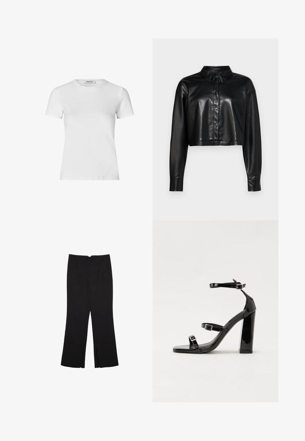 Skraćena crna kožna košulja s dugim rukavima i kopčanjem sprijeda. Ima usku kragnu i sjajnu obradu, te standardne dugmad.; Bijela majica kratkih rukava od pamuka. Ima okrugli izrez i uski kroj s glatkom teksturom i bez vidljivih uzoraka.; Crne hlače ravnog kroja, s prednjim džepovima i bočnim prorezima na rubu. Izrađene od mekog i glatkog materijala. Pogodne za razne prigode.; Crne lakirane sandale na pete sa kvadratnim nosom, trakama oko gležnja i srebrnim kopčama. Imaju čvrst blok petu za stabilnost.