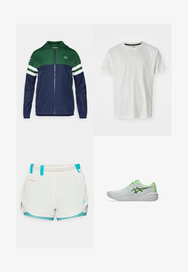 Green and navy zip-up jacket with a hood; lightweight material, striped white accents on sleeves, and Lacoste logo on the upper left.; ASICS GAME  - Basic T-shirt - cream; Lightweight, mesh-lined shorts in white with turquoise accents. Features grid pattern, drawstring waist, and side slits for mobility.; White athletic shoes featuring green accents, a smooth finish, a rounded toe, and a cushioned sole with subtle texture and ventilation holes.