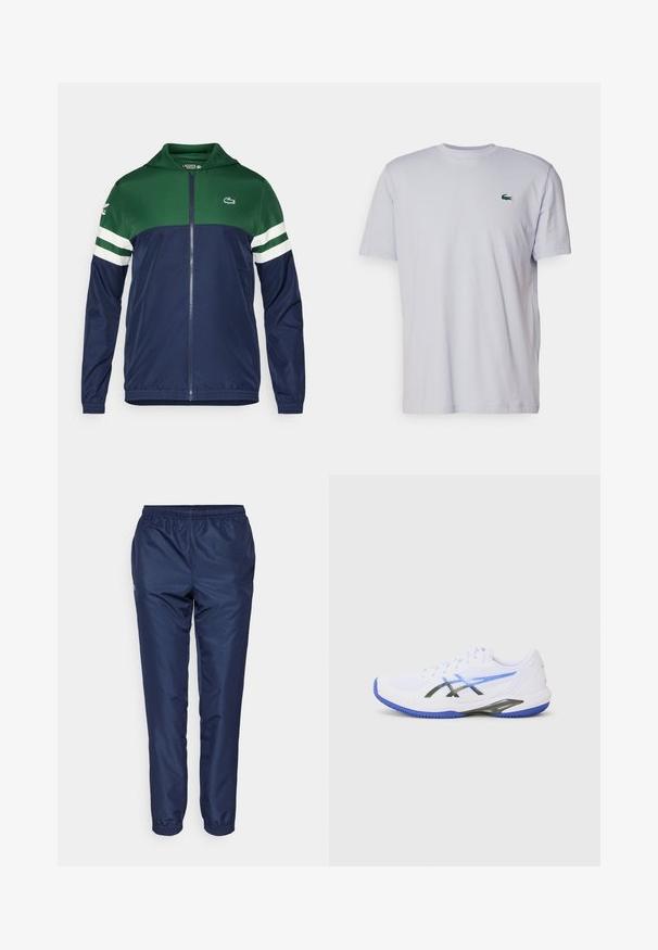 Giacca a zip verde e blu navy con cappuccio; materiale leggero, dettagli a strisce bianche sulle maniche e logo Lacoste sulla parte superiore sinistra.; Lacoste Sport CLASSIC - T-Shirt sport - phoenix blue; Pantaloni da jogging blu navy realizzati in tessuto leggero, con vita elastica e gambe affusolate con polsini elastici alle caviglie.; Scarpa sportiva bianca con accenti blu, caratterizzata da una tomaia in mesh, sovrapposizioni nere e una suola testurizzata per una migliore aderenza. Progettata per prestazioni e supporto.