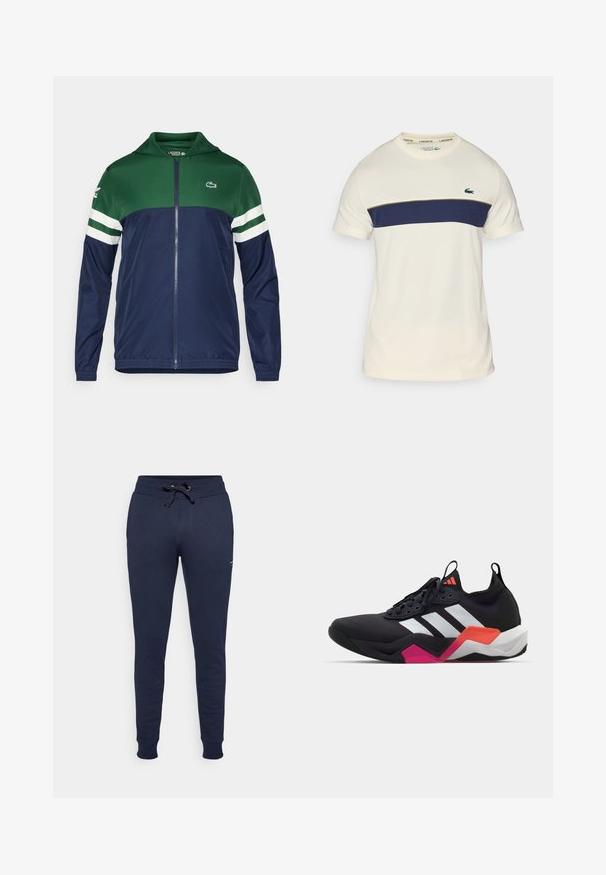 Casaco com fecho éclair em verde e marinho, com capuz; material leve, com detalhes brancos em riscas nas mangas e logo da Lacoste no canto superior esquerdo.; T-shirt Lacoste creme e azul marinho com um decote redondo, mangas curtas e um bloco de cor horizontal. Apresenta um logo de crocodilo verde.; Calças de fato de treino azul-marinho feitas de um tecido suave, com um cós elástico com cordão, e pernas ajustadas com punhos canelados.; Sapatilha atlética preta com riscas brancas, parte superior texturizada e sola robusta com detalhes em laranja, rosa e branco. Design com atacadores e alça de puxar.
