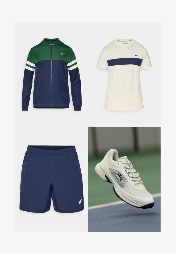 Jachetă verde și bleumarin cu fermoar și glugă; material ușor, detalii în dungi albe pe mâneci și logo Lacoste în partea din stânga sus.; Tricou Lacoste crem și bleumarin cu guler rotund, mâneci scurte și un design cu blocuri de culoare orizontale. Prezintă un logo verde cu crocodil.; Şorturi de atletism bleumarin, cu un talie elastică, dintr-un material sintetic neted și cu un accent de logo alb în partea stângă jos.; Sneaker athletic alb cu un superior din plasă, accente negre, talpă texturată și un logo proeminent pe lateral, afișat pe un fundal de teren.