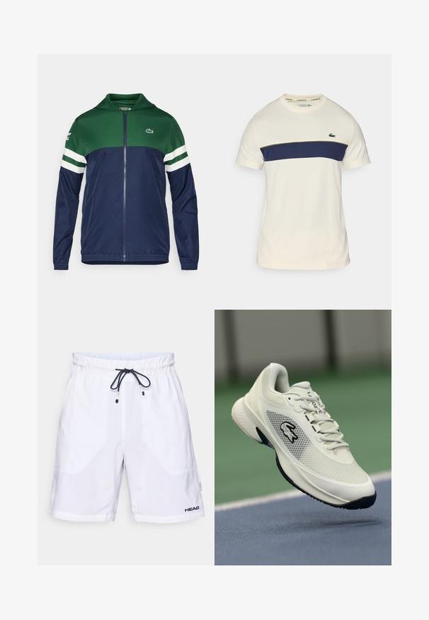 Green and navy zip-up jacket with a hood; lightweight material, striped white accents on sleeves, and Lacoste logo on the upper left.; Cream and navy Lacoste t-shirt with a round neckline, short sleeves, and a horizontal color block. Features a green crocodile logo.; White swim shorts with a drawstring waist and navy accents, featuring side pockets and a logo on the bottom left. Lightweight fabric.; White athletic sneaker with a mesh upper, black accents, textured sole, and prominent logo on the side, displayed against a court background.