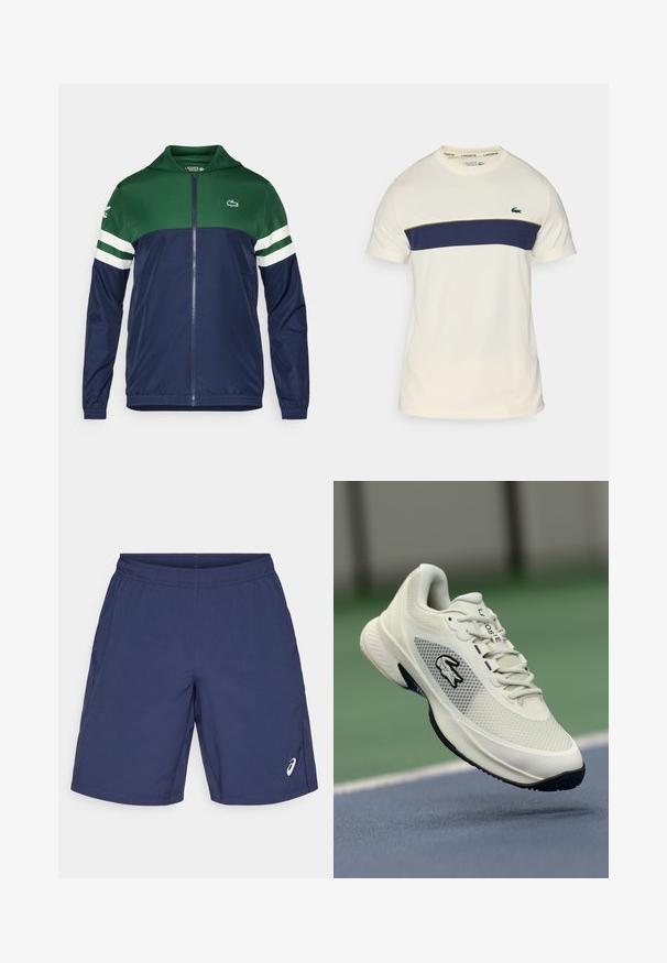 Zaļi un tumši zilā krāsā nēsājamā jaka ar rāvējslēdzēju un kapuci; viegla auduma, ar svītrotiem baltajiem akcentiem uz piedurknēm un Lacoste logo augšējā kreisajā pusē.; Kādam un jūras zila Lacoste t-kreklu ar apļveida kakla izgriezumu, īsām piedurknēm un horizontālu krāsu bloku. Iezīmēts ar zaļu krokodila logo.; Tums zilas šortus, kas izgatavoti no viegla auduma, ar elastīgu jostu un sānu kabatām. Logo atrodas apakšējā kreisajā stūrī.; Balti sporta apavi ar sieta materiāla augšpusi, melniem akcentiem, teksturētu zoli un izteiktu logo sānos, attēloti pret sporta laukuma fonu.