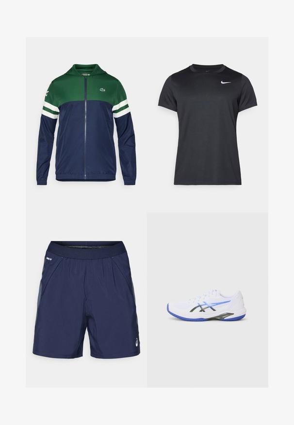 Grüne und marineblaue Zip-Jacke mit Kapuze; leichtes Material, gestreifte weiße Akzente an den Ärmeln und Lacoste-Logo auf der oberen linken Seite.; Schwarzes Nike Sport-T-Shirt mit kurzen Ärmeln, Rundhalsausschnitt, glatter Textur und einem weißen Logo auf der oberen linken Seite.; Marineblaue Sportshorts mit elastischem Bund, seitlichen Taschen und hellgrauen Akzenten. Aus leichtem, glattem Stoff für hohen Tragekomfort.; Weißer Sportschuh mit blauen Akzenten, ausgestattet mit einem Obermaterial aus Mesh, schwarzen Überzügen und einer strukturierten Sohle für guten Halt. Entwickelt für Leistung und Unterstützung.
