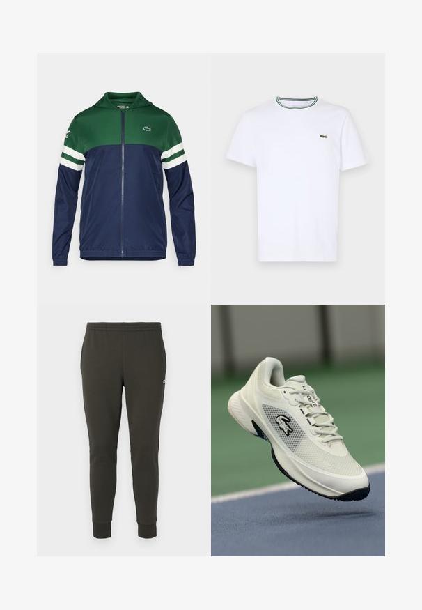 Grøn og navy zip-up jakke med hætte; letvægtsmateriale, stribede hvide detaljer på ærmerne, og Lacoste-logoet på den øverste venstre side.; Hvid bomulds T-shirt med korte ærmer og ribbet krave med grønne og sorte striber; lille grøn broderet logo på venstre bryst.; Mørkegrønne joggers lavet af blødt stof, med elastisk talje, ribbede manchetter og et lille logo på siden.; Hvide atletiske sneakers med en mesh-overdel, sorte accenter, struktureret sål og fremtrædende logo på siden, vist mod en bane-baggrund.
