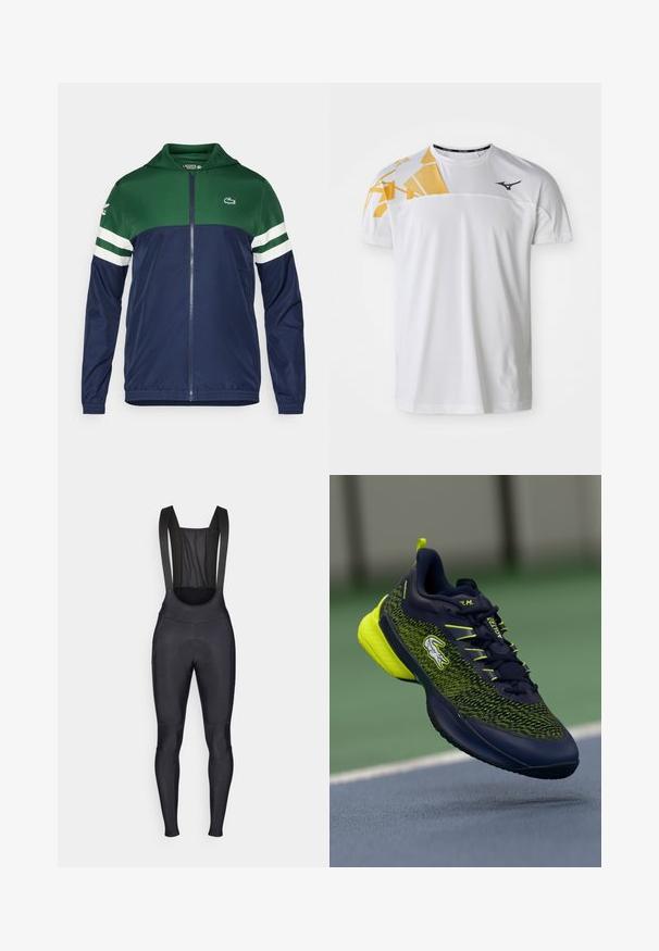 Grønn og marineblå zip-up jakke med hette; lett materiale, stripete hvite detaljer på armene, og Lacoste-logo på øvre venstre side.; Hvit trenings T-skjorte med et geometrisk gult design på den ene skulderen, glatt tekstur, rund hals og logo i mørk grå.; Sorte sykkelbukser med seler, med nettingpanel på ryggen og polstret seteområde for komfort under sykling.; Mørkeblå og neongrønn sportsko med lisser, krokodillelogo og dempet såle som svever over overflaten på en tennisbane.