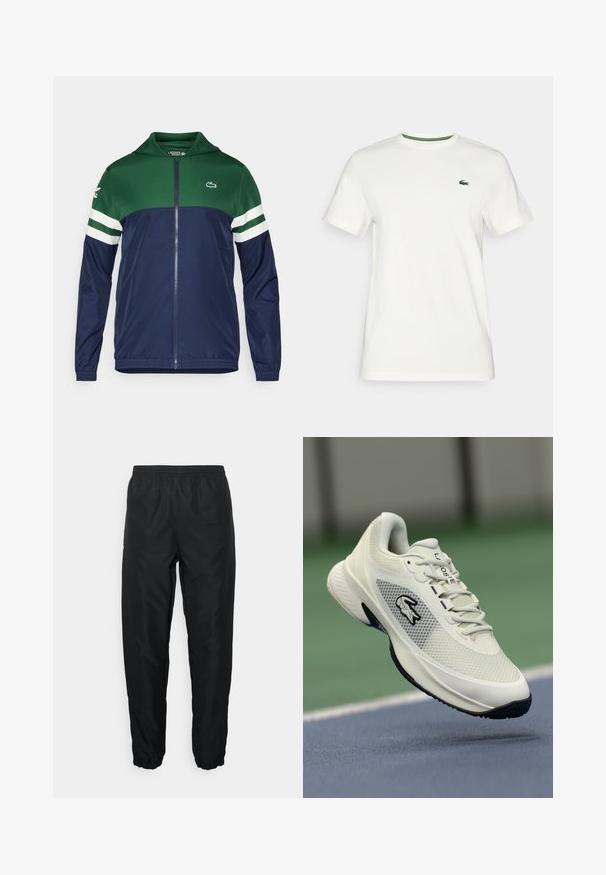 Zaļi un tumši zilā krāsā nēsājamā jaka ar rāvējslēdzēju un kapuci; viegla auduma, ar svītrotiem baltajiem akcentiem uz piedurknēm un Lacoste logo augšējā kreisajā pusē.; Balts kokvilnas T-krekls ar īsām piedurknēm, ar zaļu akcentu apkaklē un mazu zaļu logo kreisajā krūtī.; Melnas sporta bikses, kas izgatavotas no viegla materiāla, ar elastīgu jostu un aprocēm, piedāvājot gludu tekstūru un minimālu zīmola atzīmi.; Balti sporta apavi ar sieta materiāla augšpusi, melniem akcentiem, teksturētu zoli un izteiktu logo sānos, attēloti pret sporta laukuma fonu.