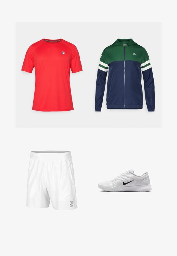 Zaļi un tumši zilā krāsā nēsājamā jaka ar rāvējslēdzēju un kapuci; viegla auduma, ar svītrotiem baltajiem akcentiem uz piedurknēm un Lacoste logo augšējā kreisajā pusē.; Sarkans īsām piedurknēm sporta krekls, kas izgatavots no viegla auduma, ar apaļu izgriezumu un mazu logo uzlīmi kreisajā krūtīs.; Baltie sporta šorti, kas izgatavoti no viegla auduma, ar elastīgu jostasvītru, divām sānu kabatām un mazu melnu logo pie apakšmalas.; Baltas sporta apavi ar teksturētu sietiņu, melns Nike zīmols, polsterētas apkakles un gumijas zole ar profilu.