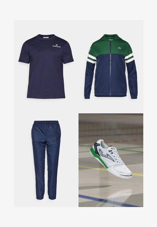Grøn og navy zip-up jakke med hætte; letvægtsmateriale, stribede hvide detaljer på ærmerne, og Lacoste-logoet på den øverste venstre side.; Sergio Tacchini BOLD - T-shirts basic - navy/white; Marineblå træningsbukser lavet af letvægtsmateriale, med elastisk talje og tætsiddende ben med elastiske manchetter ved anklerne.; Hvid sportsko med grønne og marineblå accenter, tekstureret mesh-overdel, snørebåndsdesign og en let sål, velegnet til indendørs sport.