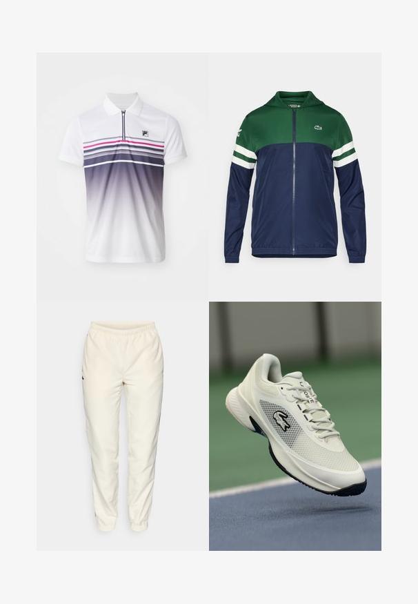 Grønn og marineblå zip-up jakke med hette; lett materiale, stripete hvite detaljer på armene, og Lacoste-logo på øvre venstre side.; Hvit polo skjorte med korte ermer, frontglidelås, horisontale striper i lilla, rosa og grå, og en liten svart logo på brystet.; Kremfargede treningsbukser med elastisk liv, smale ben og en liten mørk grønn logo på venstre side. Glatt, lett stoff.; Hvite sportssko med mesh-overdel, svarte detaljer, teksturert såle og fremtredende logo på siden, plassert mot en bakgrunn av en bane.