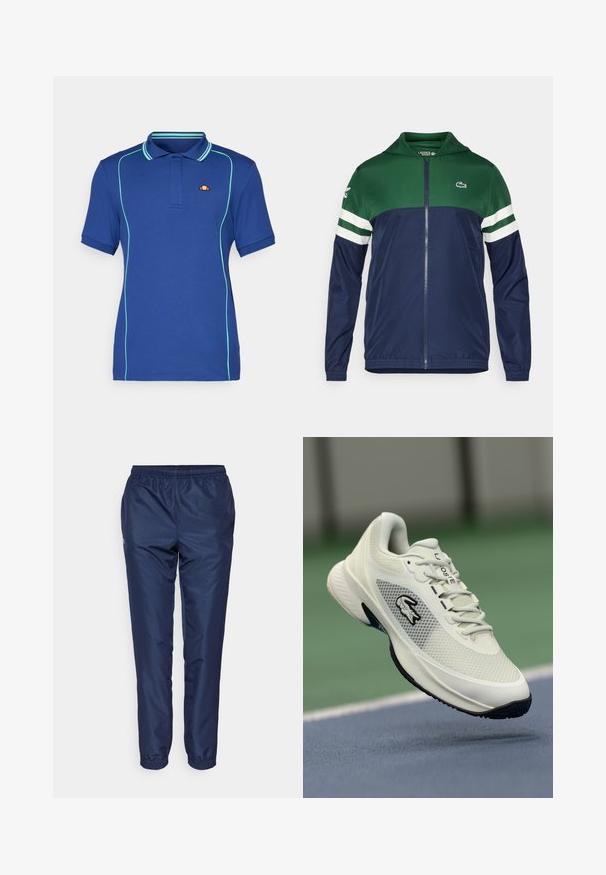 Groene en marineblauwe zip-up jas met een capuchon; lichtgewicht materiaal, gestreepte witte accenten op de mouwen, en het Lacoste-logo op de bovenlinkerkant.; Donkerblauwe poloshirt met contrasterende lichtblauwe piping, korte mouwen en een geribbelde kraag; heeft een klein merkembleem op de borst.; Marineblauwe sportbroek van lichtgewicht stof, met een elastische tailleband en taps toelopende pijpen met elastische boorden bij de enkels.; Witte sport sneaker met een mesh bovenkant, zwarte accenten, een gestructureerde zool en een opvallend logo aan de zijkant, gepresenteerd tegen een achtergrond van een veld.