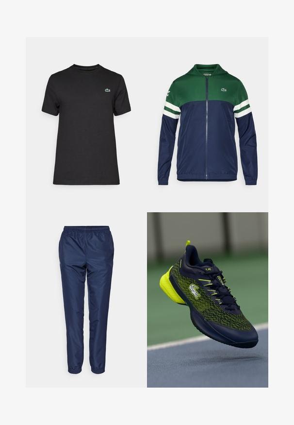 Žalia ir tamsiai mėlyna užtrauktuku užsegama striukė su gobtuvu; lengva medžiaga, baltos juostelės ant rankovių ir Lacoste logotipas kairėje viršuje.; Juodas medvilnės marškinėliai su apykakle. Kairėje krūtinės pusėje yra mažas žalias krokodilo logotipas. Trumpomis rankovėmis ir standartinio kirpimo.; Tamsiai mėlynos sportinės kelnės, pagamintos iš lengvos medžiagos, su elastingu juosmeniu ir siaurėjančiomis kojomis su elastinėmis apykaklėmis ties kulkšnies.; Tamsiai mėlyni ir neoniniai žali sportiniai batai su raišteliais, krokodilo logotipu ir minkštu padu, pakabinti virš teniso korto paviršiaus.